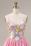 Vestido de regresso a casa com alças finas florais cor-de-rosa A-Line com lantejoulas