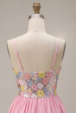 Vestido de regresso a casa com alças finas florais cor-de-rosa A-Line com lantejoulas
