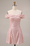 Vestido de finalistas com lantejoulas cor-de-rosa brilhante, linha em forma de A, ombro caído