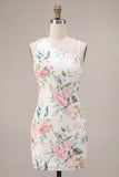 Vestido de Homecoming com Lantejoulas Bodycon Flor Rosa Branco Rosa Brilhante