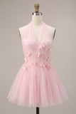 Vestido de Finalistas em Espartilho de Tule Linha A cor-de-rosa com flores 3D