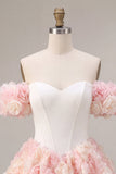 Vestido de regresso a casa, espartilho branco e cor-de-rosa, linha A ao ombro caído