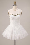 Espartilho branco A-Line Shortheart de renda, vestido curto de regresso a casa com folhos