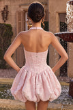 Vestido de Homecoming com Espartilho Floral A-Line cor-decote cor-decote cor-de-rosa Jacquard com missangas