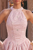 Vestido de Homecoming com Espartilho Floral A-Line cor-decote cor-decote cor-de-rosa Jacquard com missangas