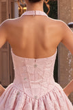 Vestido de Homecoming com Espartilho Floral A-Line cor-decote cor-decote cor-de-rosa Jacquard com missangas