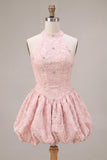 Vestido de Homecoming com Espartilho Floral A-Line cor-decote cor-decote cor-de-rosa Jacquard com missangas