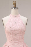 Vestido de Homecoming com Espartilho Floral A-Line cor-decote cor-decote cor-de-rosa Jacquard com missangas