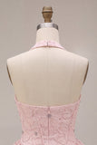 Vestido de Homecoming com Espartilho Floral A-Line cor-decote cor-decote cor-de-rosa Jacquard com missangas