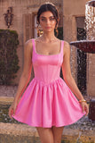 Espartilho cor-de-rosa A-Line decote quadrado de cetim pérola Vestido Curto de Homecoming