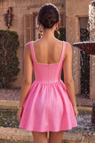 Espartilho cor-de-rosa A-Line decote quadrado de cetim pérola Vestido Curto de Homecoming