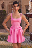 Espartilho cor-de-rosa A-Line decote quadrado de cetim pérola Vestido Curto de Homecoming
