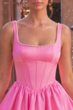 Espartilho cor-de-rosa A-Line decote quadrado de cetim pérola Vestido Curto de Homecoming