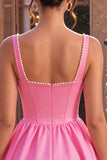 Espartilho cor-de-rosa A-Line decote quadrado de cetim pérola Vestido Curto de Homecoming