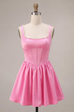 Espartilho cor-de-rosa A-Line decote quadrado de cetim pérola Vestido Curto de Homecoming