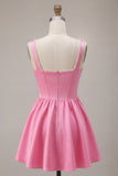 Espartilho cor-de-rosa A-Line decote quadrado de cetim pérola Vestido Curto de Homecoming