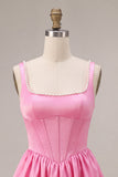 Espartilho cor-de-rosa A-Line decote quadrado de cetim pérola Vestido Curto de Homecoming