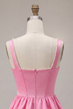 Espartilho cor-de-rosa A-Line decote quadrado de cetim pérola Vestido Curto de Homecoming
