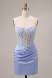 Vestido Curto de Finalistas Azul Celeste Azul Cetima, Cetim Cetimado Ondulado, Pérola Curto