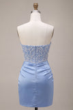 Vestido Curto de Finalistas Azul Celeste Azul Cetima, Cetim Cetimado Ondulado, Pérola Curto