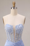 Vestido Curto de Finalistas Azul Celeste Azul Cetima, Cetim Cetimado Ondulado, Pérola Curto