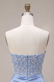 Vestido Curto de Finalistas Azul Celeste Azul Cetima, Cetim Cetimado Ondulado, Pérola Curto