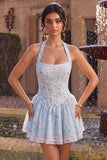 Vestido curto de regresso a casa, corset azul azul A-Line A-Line Short, Vestido Curto de Regresso a Casa com Folhos