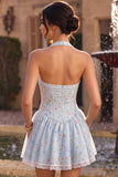 Vestido curto de regresso a casa, corset azul azul A-Line A-Line Short, Vestido Curto de Regresso a Casa com Folhos