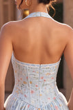 Vestido curto de regresso a casa, corset azul azul A-Line A-Line Short, Vestido Curto de Regresso a Casa com Folhos