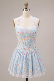 Vestido curto de regresso a casa, corset azul azul A-Line A-Line Short, Vestido Curto de Regresso a Casa com Folhos