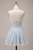 Vestido curto de regresso a casa, corset azul azul A-Line A-Line Short, Vestido Curto de Regresso a Casa com Folhos