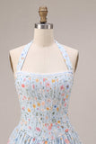 Vestido curto de regresso a casa, corset azul azul A-Line A-Line Short, Vestido Curto de Regresso a Casa com Folhos