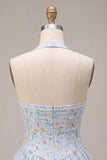 Vestido curto de regresso a casa, corset azul azul A-Line A-Line Short, Vestido Curto de Regresso a Casa com Folhos