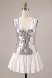 Vestido de regresso a casa com decote em V com lantejoulas prateadas brilhantes e com folhos