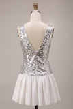 Vestido de regresso a casa com decote em V com lantejoulas prateadas brilhantes e com folhos
