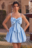 Vestido de Finalistas com Espartilho de Finalistas em Cetim Azul Celeste A-Line com Laço