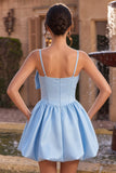 Vestido de Finalistas com Espartilho de Finalistas em Cetim Azul Celeste A-Line com Laço