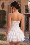 Vestido de Finalistas com Espartilho Flor Rosa Branco Rosa e Folhos