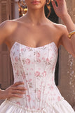 Vestido de Finalistas com Espartilho Flor Rosa Branco Rosa e Folhos