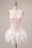 Vestido de Finalistas com Espartilho Flor Rosa Branco Rosa e Folhos