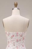 Vestido de Finalistas com Espartilho Flor Rosa Branco Rosa e Folhos