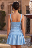 Vestido curto de regresso a casa, decote quadrado, cetim azul celeste, com laço