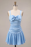 Vestido curto de regresso a casa, decote quadrado, cetim azul celeste, com laço