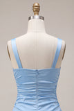 Vestido curto de regresso a casa, decote quadrado, cetim azul celeste, com laço
