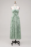 Vestido Midi Floral Floral em Chiffon Sálvia com decote A-Line e Fita