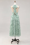 Vestido Midi Floral Floral em Chiffon Sálvia com decote A-Line e Fita