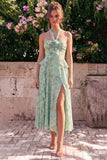 Vestido Midi Floral Floral em Chiffon Sálvia com decote A-Line e Fita