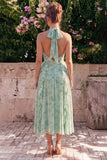 Vestido Midi Floral Floral em Chiffon Sálvia com decote A-Line e Fita