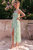 Vestido Midi Floral Floral em Chiffon Sálvia com decote A-Line e Fita