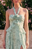 Vestido Midi Floral Floral em Chiffon Sálvia com decote A-Line e Fita